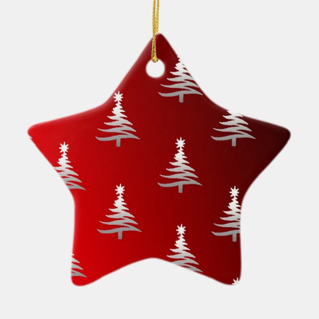 Christmas Trees Silver on Red Ceramic Tree Decoration (Front)