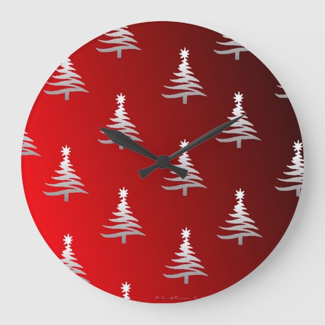 Christmas Trees Silver on Red Large Clock (Front)