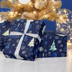 Christmas Trees Snowflakes Blue Christmas Wrapping Paper