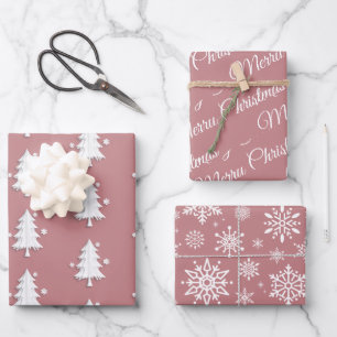 Christmas, Trees, Snowflakes dusty rose holiday Wrapping Paper Sheet