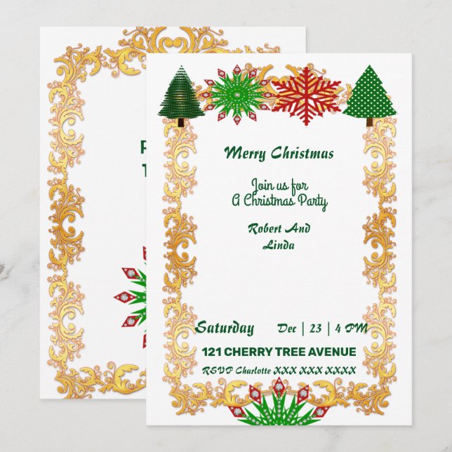 Christmas Trees Snowflakes Gold Frame Party Invite (Front/Back)