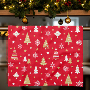 Christmas Trees & Snowflakes Pattern Red Tea Towel