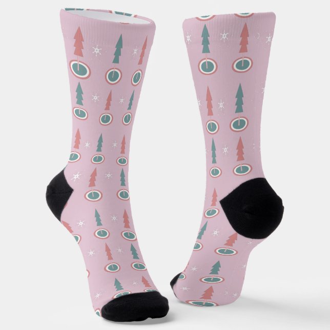 Christmas Trees Snowflakes Pink Green  Pattern Socks (Angled)