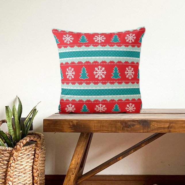 Christmas Trees Snowflakes Red Teal Pattern Cushion (Creator Uploaded)