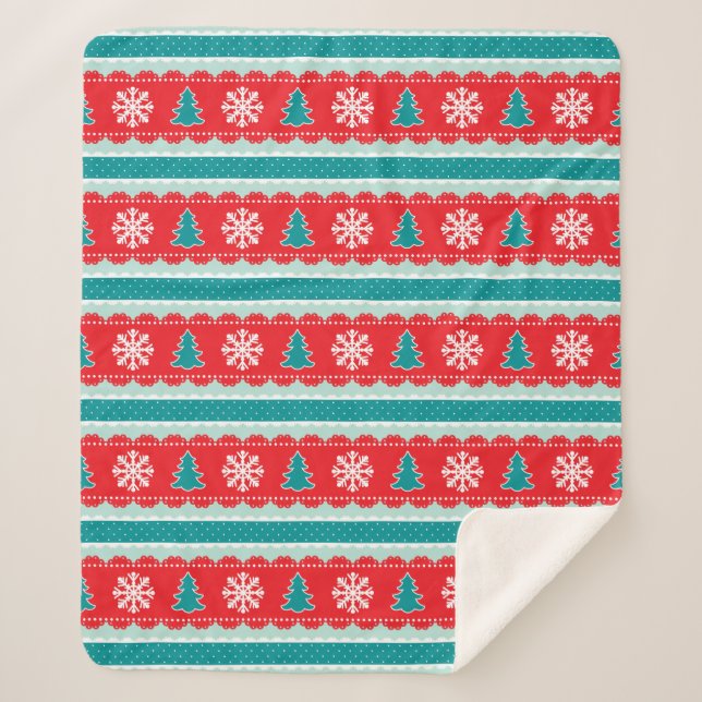 Christmas Trees Snowflakes Red Teal Pattern Sherpa Blanket (Front)