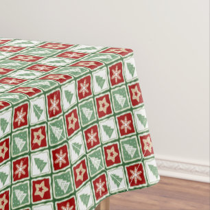 Christmas trees, snowflakes, stars, red, green tablecloth