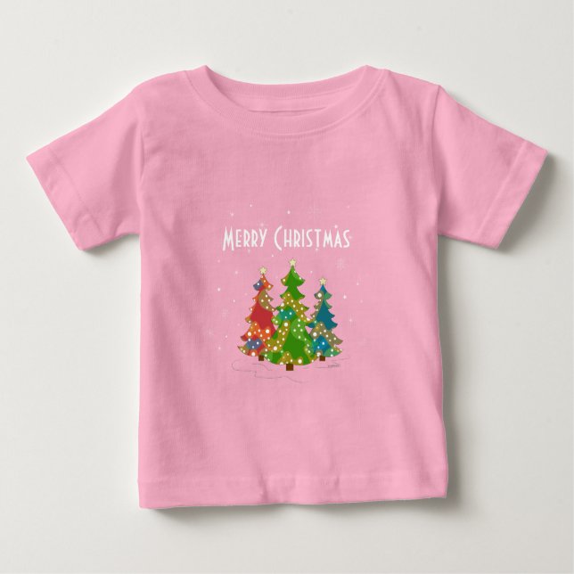 Christmas Trees Snowflakes Whimsical Fun Red Baby T-Shirt (Front)