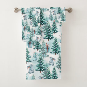 Christmas Trees, Snowmen, Bunnies and Presents Bath Towel Set