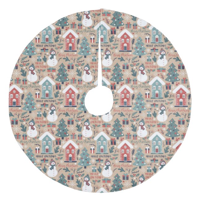 Christmas Trees, Snowmen, Gifts and Houses  Fleece Tree Skirt (Front)