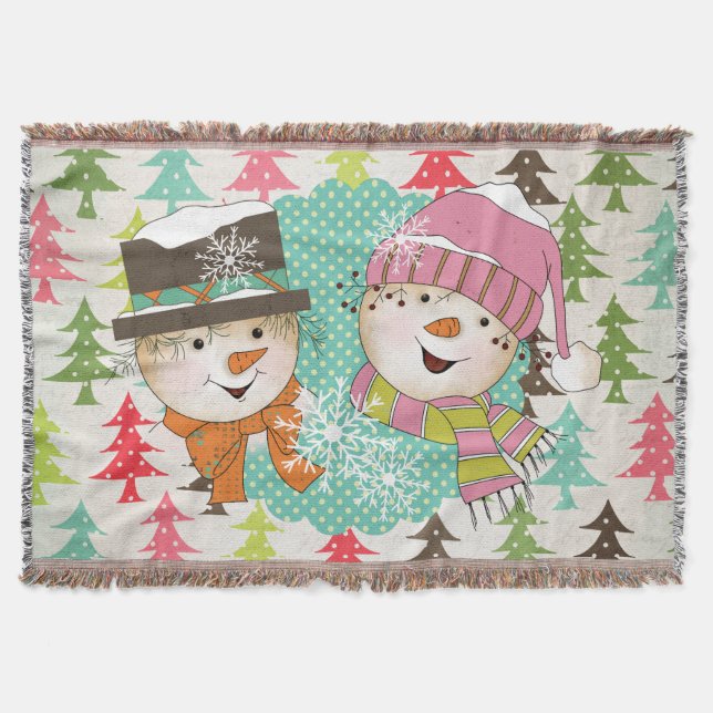 Christmas Trees Snowmen Holiday Throw Blanket (Front)