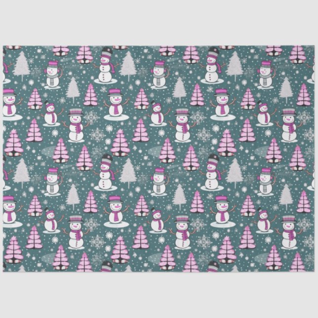 Christmas Trees Snowmen Snowflakes Green Christmas Tissue Paper (Front)