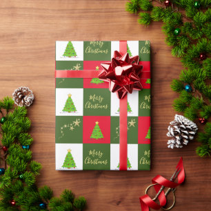 Christmas trees stars Merry Christmas script Wrapping Paper