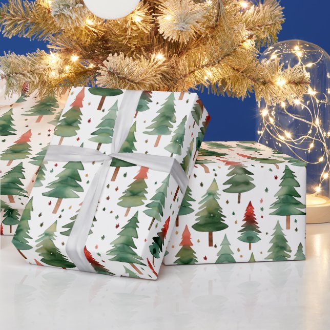 Christmas Trees Stars Red Green Gold Christmas Wrapping Paper (Holidays)