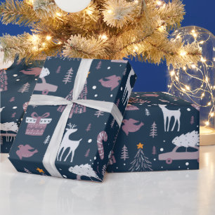 Christmas Trees Stars Reindeer Dark Blue Christmas Wrapping Paper