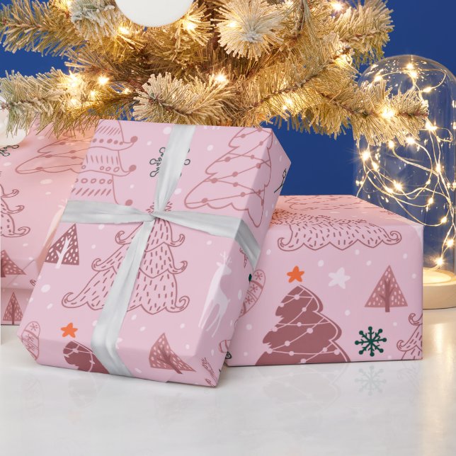 Christmas Trees Stars Snowflakes Pink Christmas Wrapping Paper (Holidays)