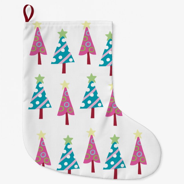 Christmas Trees Stocking, Pink & Blue  Large Christmas Stocking (Front)