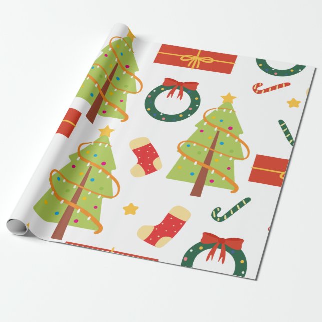 Christmas Trees, Stockings, and Candy Cane  Wrapping Paper (Unrolled)