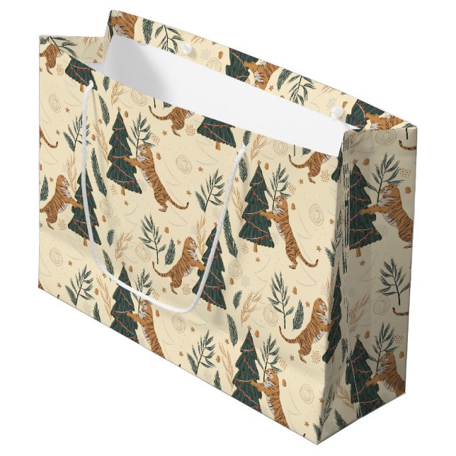 Christmas Trees & Tigers Custom Beige Backbround Large Gift Bag (Front Angled)