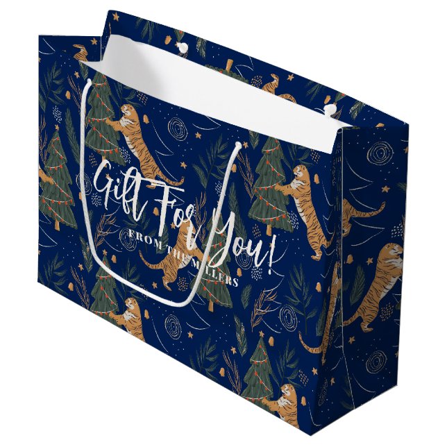 Christmas trees & tigers dark-blue background large gift bag (Front Angled)