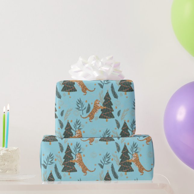Christmas trees & tigers pattern Blue background Wrapping Paper (Party Gifts)