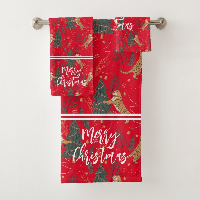 Christmas trees & tigers pattern custom background bath towel set (Insitu)