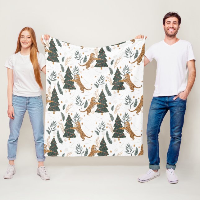 Christmas trees & tigers pattern custom background fleece blanket (In Situ)