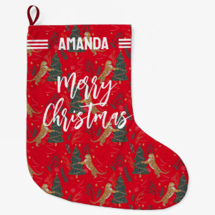 Christmas trees & tigers pattern custom background large christmas stocking