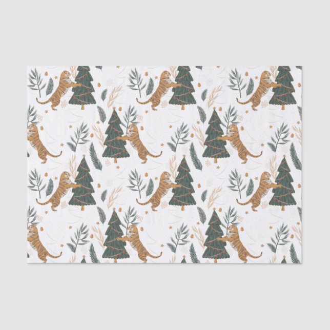 Christmas trees & tigers pattern custom background tissue paper (Front)