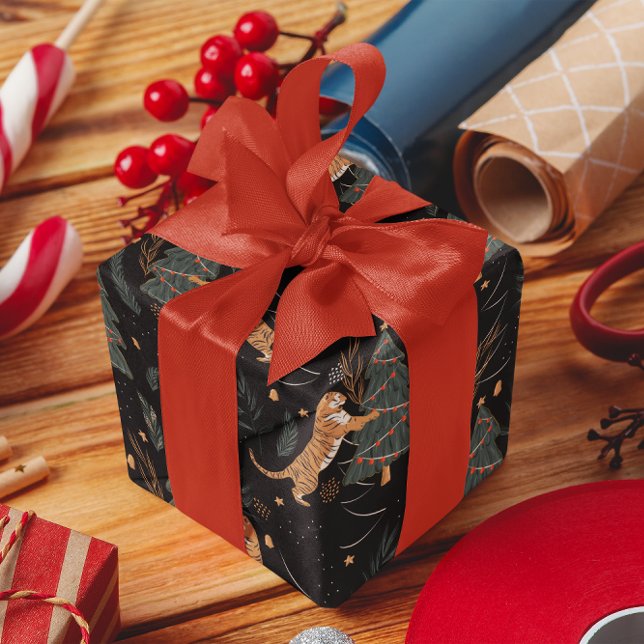 Christmas trees & tigers pattern custom background wrapping paper (Creator Uploaded)