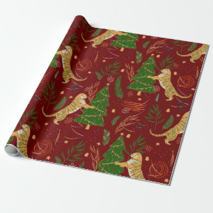 Christmas trees & tigers pattern custom background wrapping paper