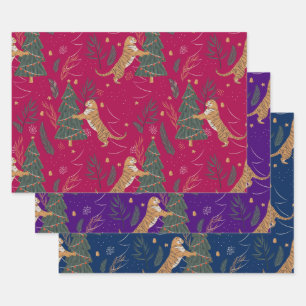 Christmas trees & tigers pattern custom background wrapping paper sheet