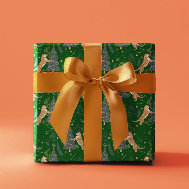 Christmas trees & tigers pattern Green background Wrapping Paper (Creator Uploaded)