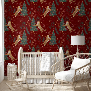 Christmas Trees & Tigers Pattern On Dark Red Wallpaper