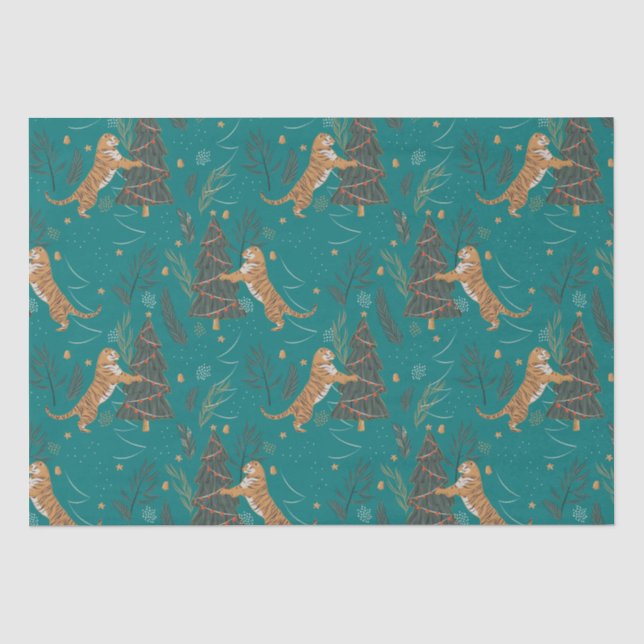 Christmas trees & tigers pattern on turquoise tissue paper (Front)