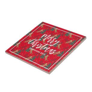 Christmas trees & tigers pattern red background ceramic tile