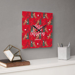 Christmas trees & tigers pattern red background square wall clock