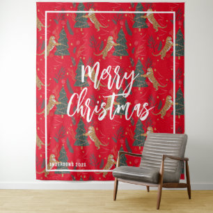 Christmas trees & tigers pattern red background tapestry