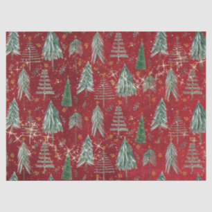 Christmas Trees w Gold Twinkle Stars Burgundy Red Tissue Paper