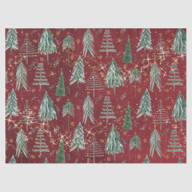 Christmas Trees w Gold Twinkle Stars Burgundy Red Tissue Paper (Front)