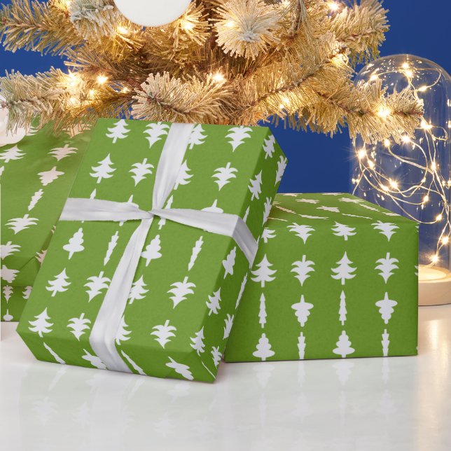 Christmas Trees White on Green Wrapping Paper (Holidays)