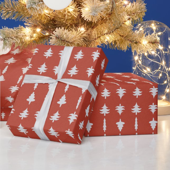 Christmas Trees White on Red Wrapping Paper (Holidays)