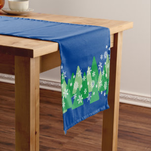 Christmas Trees White Snowflakes Deep Blue Short Table Runner