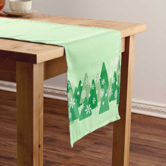 Christmas Trees White Snowflakes Green Short Table Runner (In Situ)
