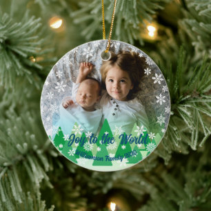 Christmas Trees White Snowflakes Joy to the World  Ceramic Ornament
