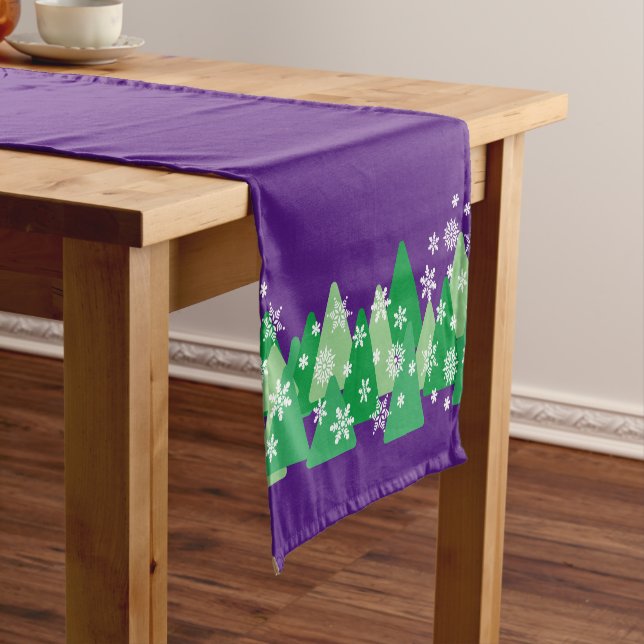 Christmas Trees White Snowflakes Purple Short Table Runner (In Situ)