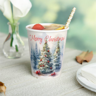 Christmas trees winter snowy landscape paper cups