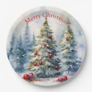 Christmas trees winter snowy landscape paper plate