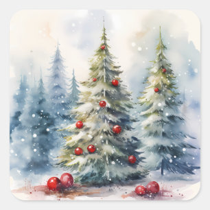 Christmas trees winter snowy landscape square sticker