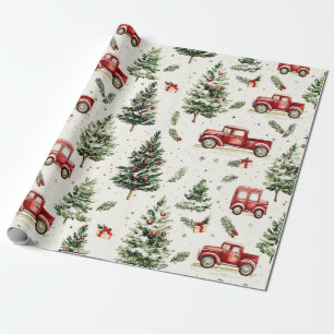 Christmas Trees With Old Red Trucks Wrapping Paper