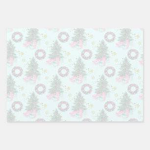 Christmas Trees & Wreaths on Winter Mint Green Wrapping Paper Sheet